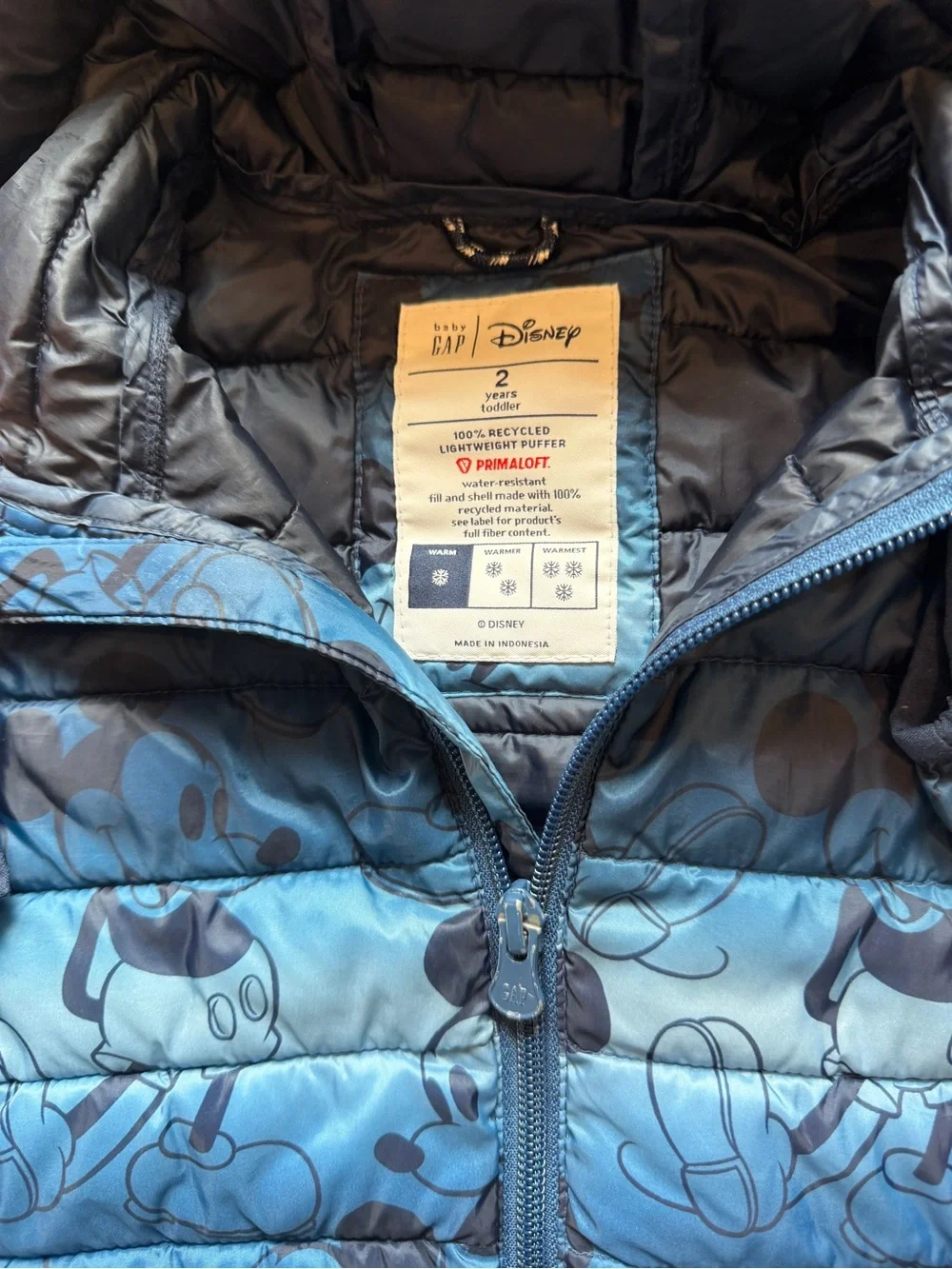 GAP Disney Blue Mickey Mouse Puffer Jacket with Hood